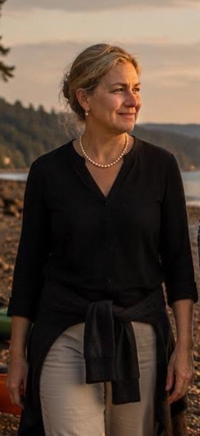 Anne Warjone, founder of Body Audit USA and Certified Lymphatic Therapist, at the Pacific Northwest shoreline at sunset in Redmond, WA