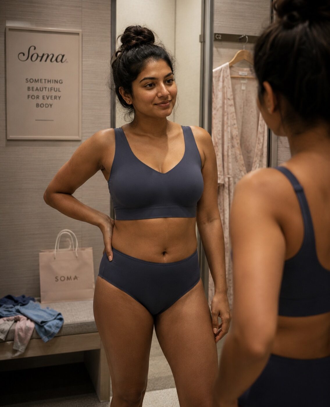 Client fitting a compression garment during post-surgery lymphatic recovery
