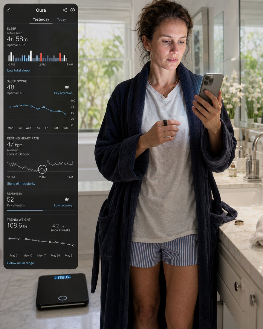 Data-driven woman in her 50s checking her Oura ring app showing low sleep, low recovery and dropping weight — running on empty
