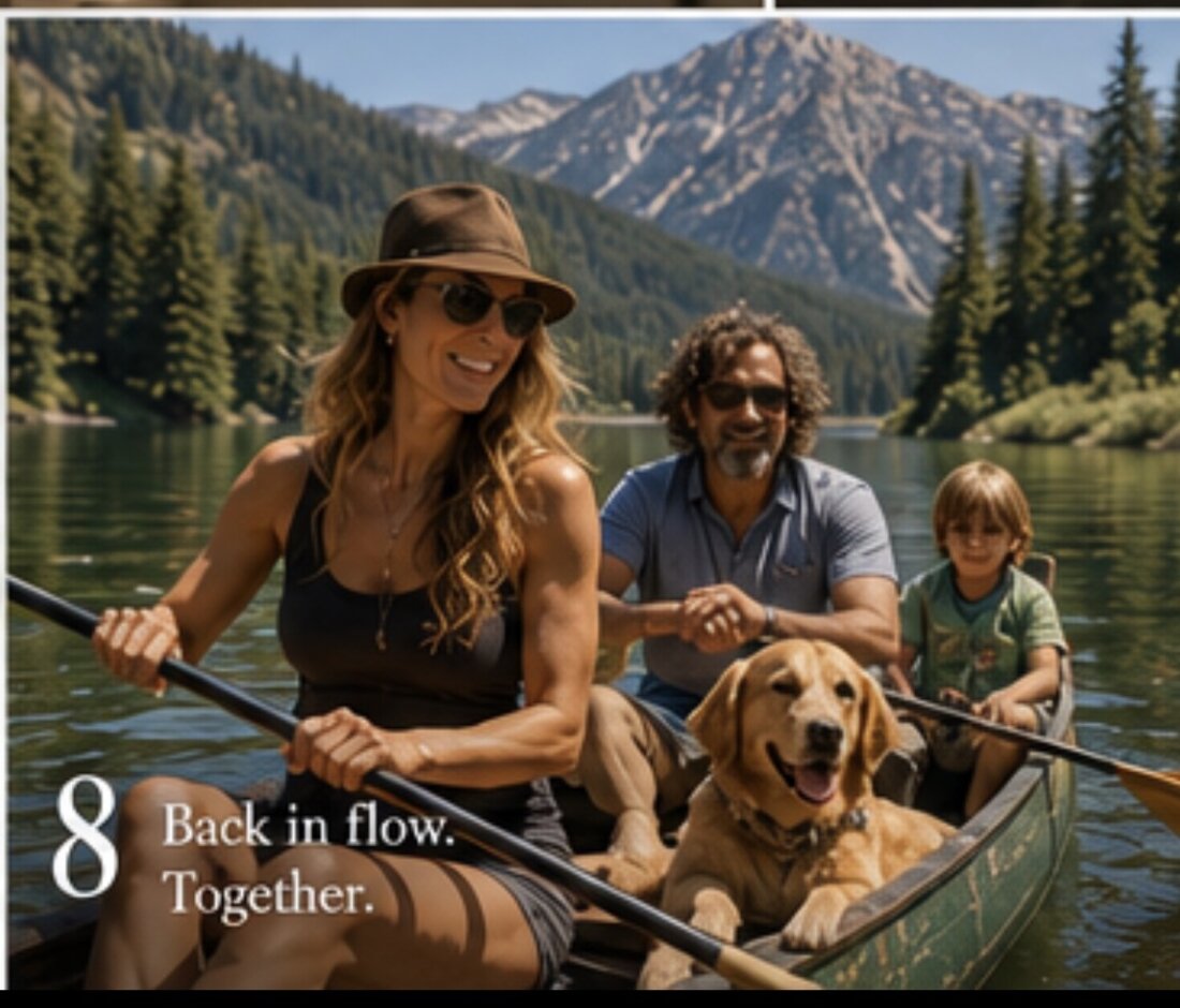 Woman back in flow, canoeing on a mountain lake with her family and dog the next summer after lymphatic and CranioSacral recovery