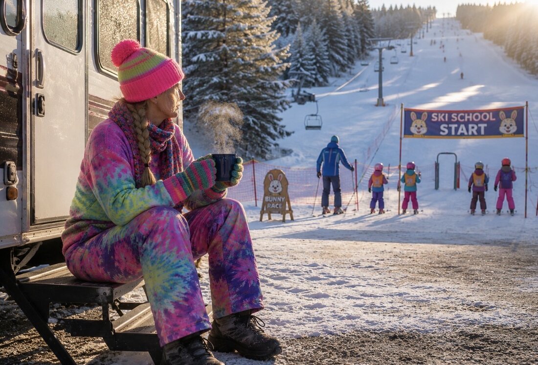 Depleted perimenopausal woman in bright clothing sitting at the foot of the ski hill while her family plays, no longer having fun