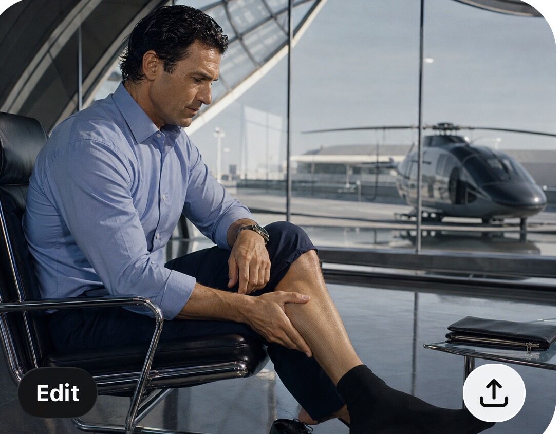 Man in an airport lounge attending to swelling in his lower leg