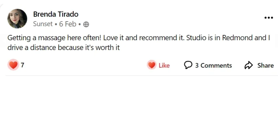 Five-star Nextdoor review from Brenda Tirado: drives a distance to the Redmond studio because it's worth it