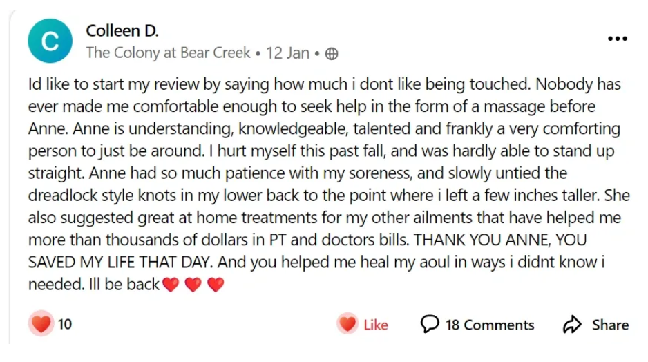 Five-star Nextdoor review from Colleen D. praising Anne's patience and helpful at-home guidance