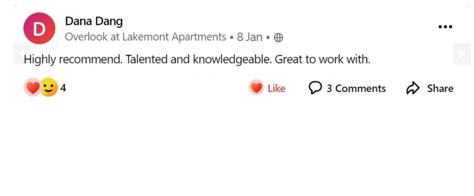 Five-star Nextdoor review from Dana Dang: talented and knowledgeable, great to work with