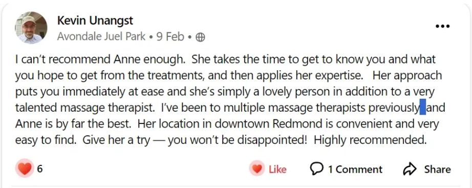 Five-star Nextdoor review from Kevin Unangst: by far the best massage therapist