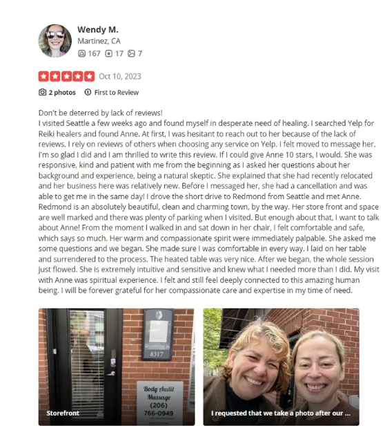 Five-star Yelp review from Wendy M. describing compassionate, intuitive care