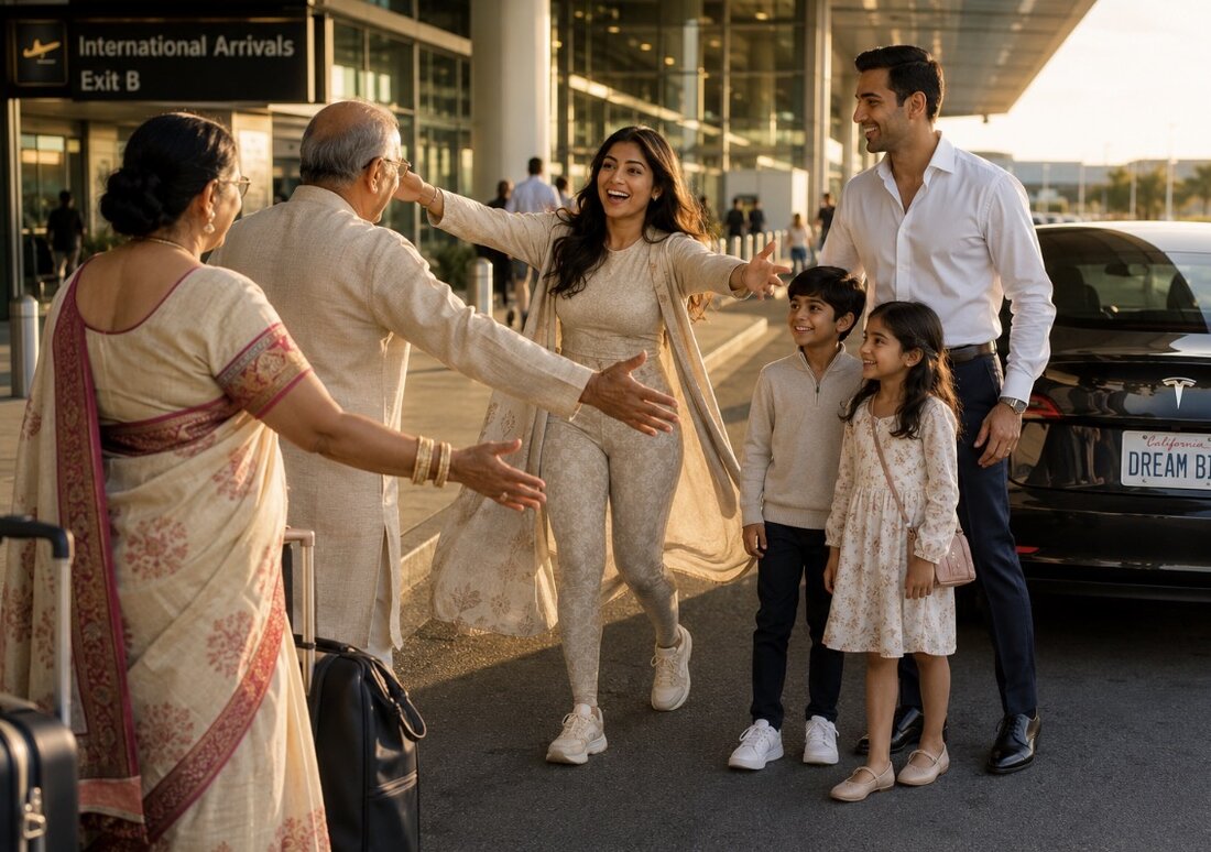 Joyful multigenerational family reunion at international arrivals &mdash; a woman thriving with managed lipedema, dreaming big