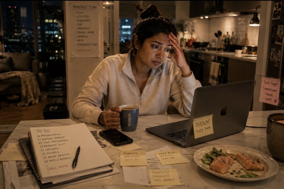 Woman overwhelmed at her kitchen table at night with lipedema swelling, an unpredictable cycle, and fertility worries