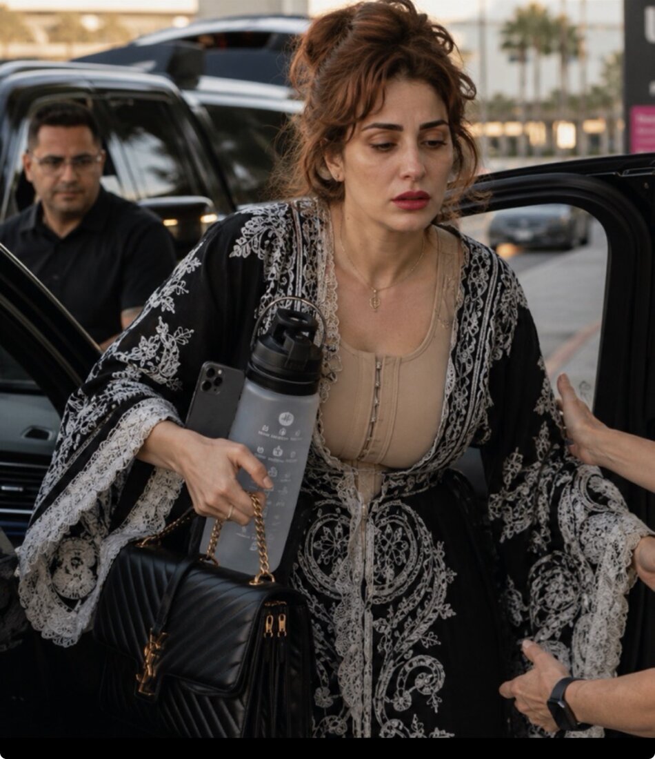Woman arriving from surgery in her compression garment, fragile and supported, outside Body Audit USA