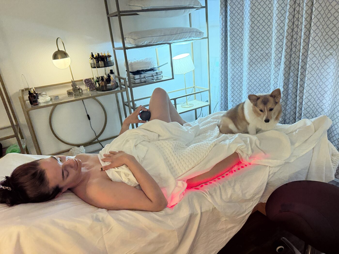 The Body Audit USA treatment studio in Redmond with red-light therapy and Trudy the therapy dog